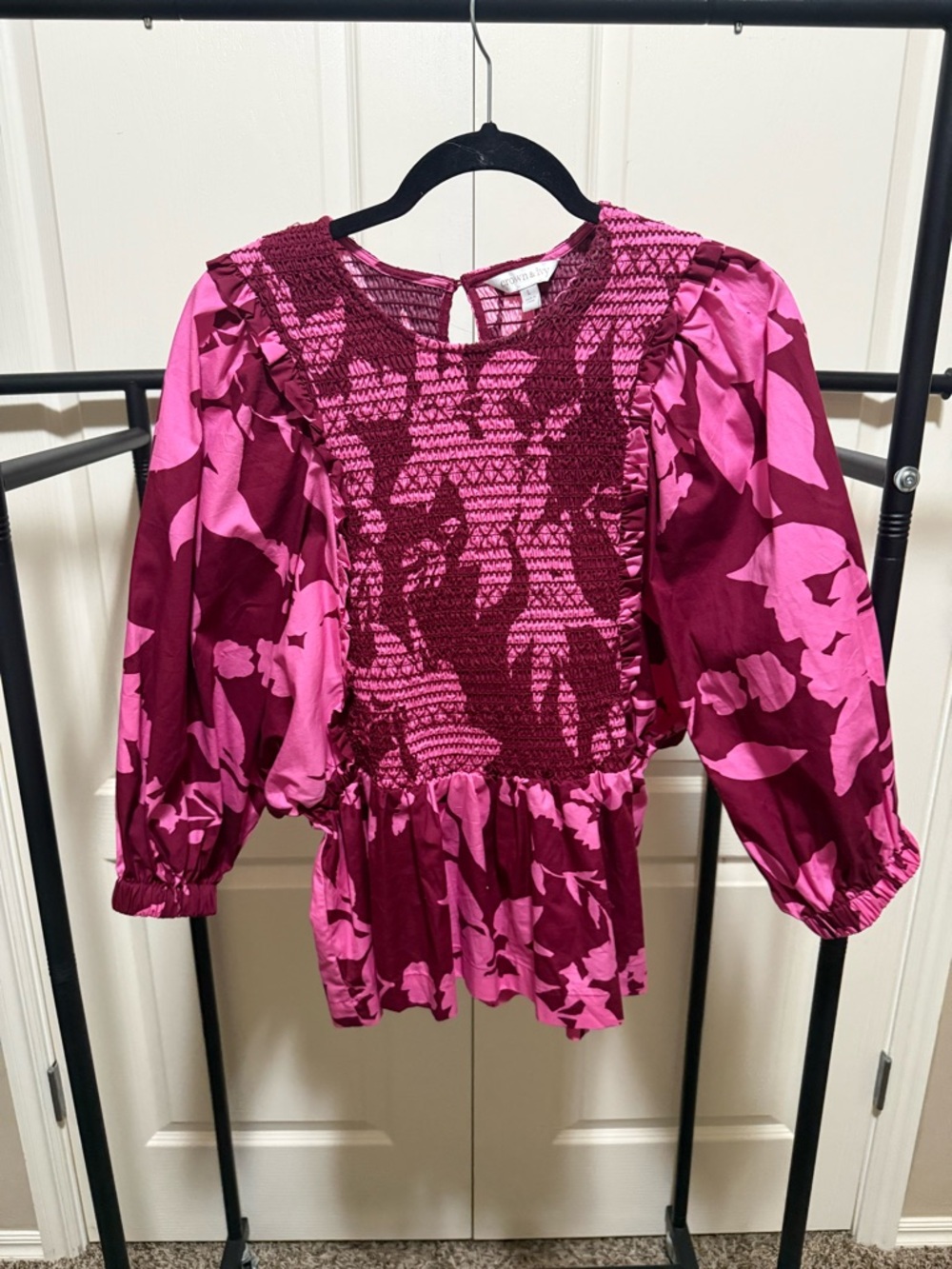 crown & ivy Pink and Burgundy Floral Smocked Peplum Blouse